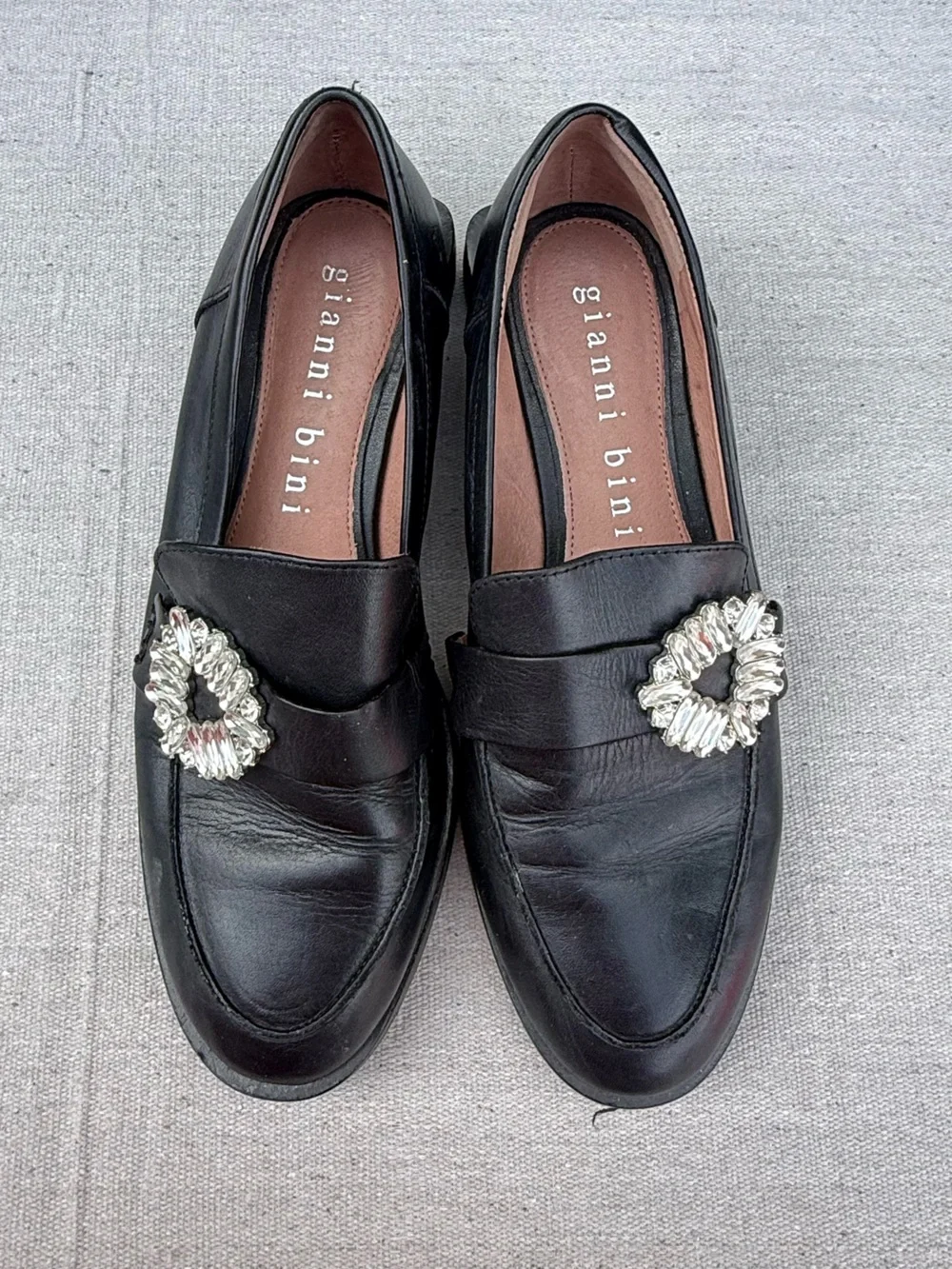 Gianni Bini Black Leather Loafers with Silver Crystal Buckles